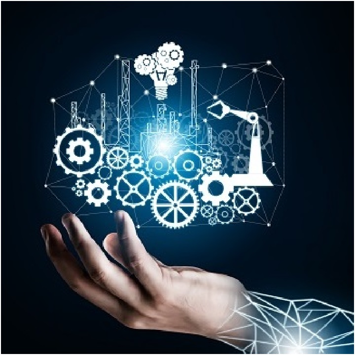 Futuristic industry 4.0 concept - Engineering with graphic interface showing automation design, robot operation, usage of machine deep learning for future manufacturing.